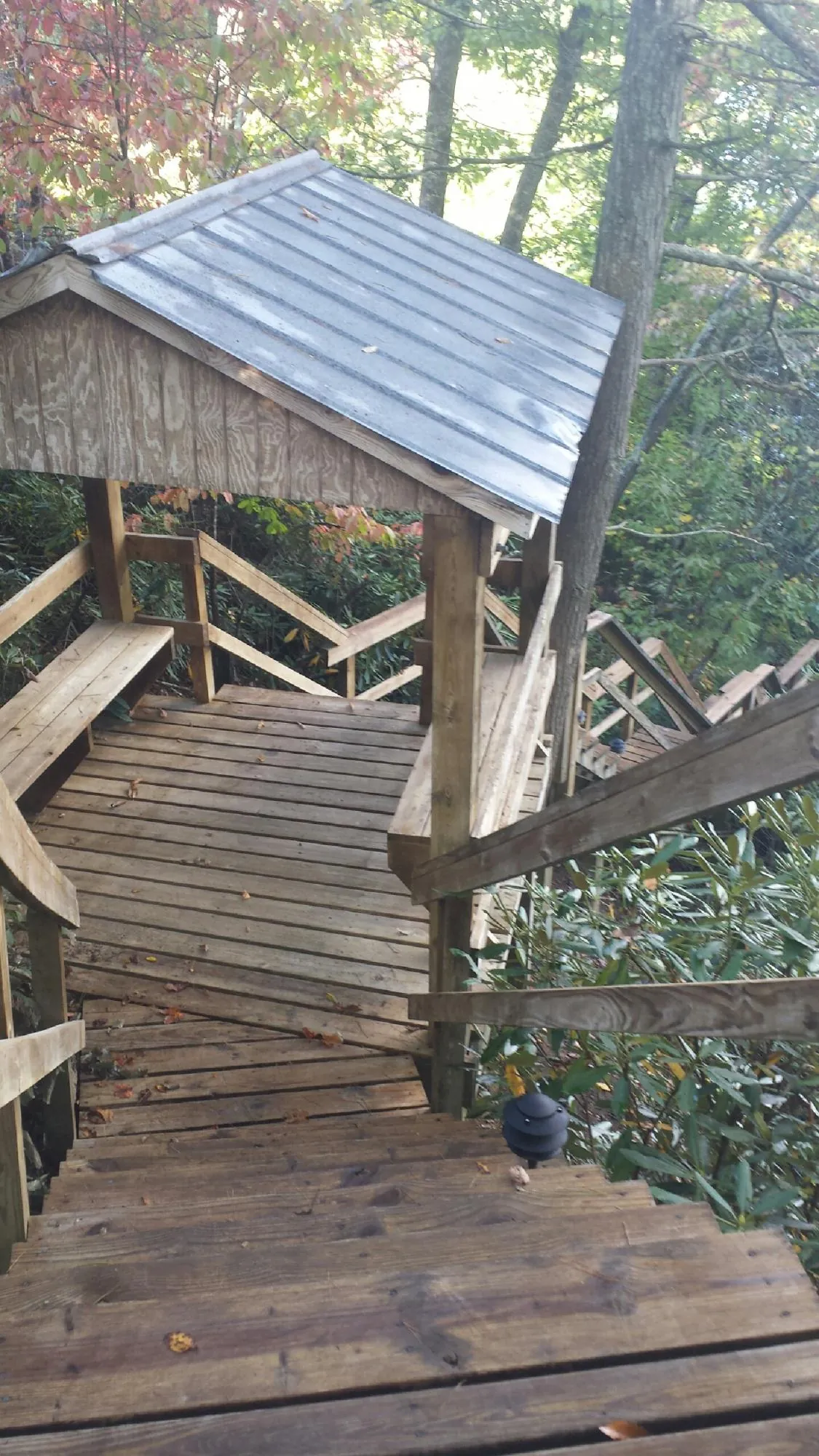 Metal roofed shelter over wooden steps on a wooded walkway — Skylight Repair & Installation work by our crew in Sandgap